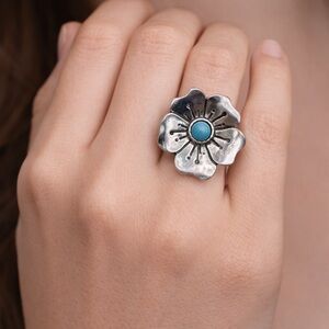 Stretch Floral Ring with Blue Center Bead – Antiqued Finish